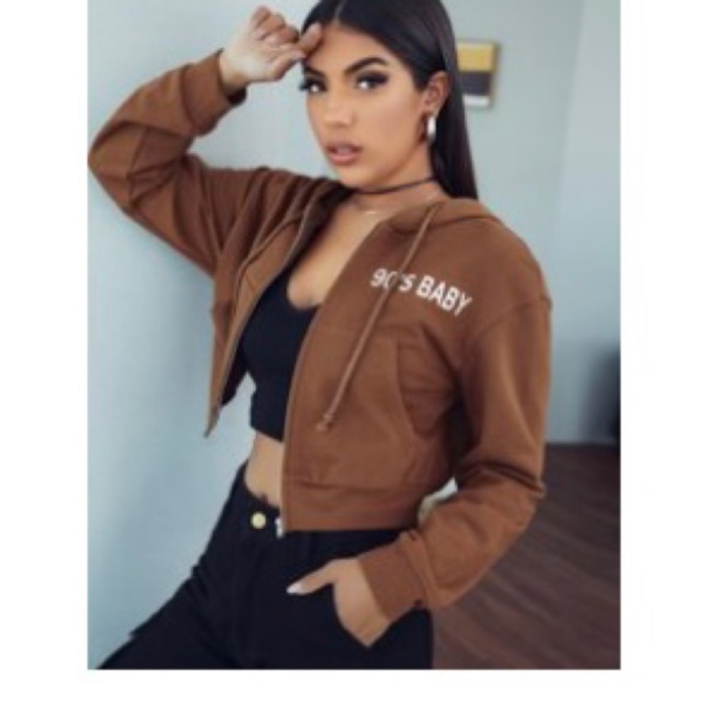 Zip up letter graphic pouch pocket hoodie 90s baby